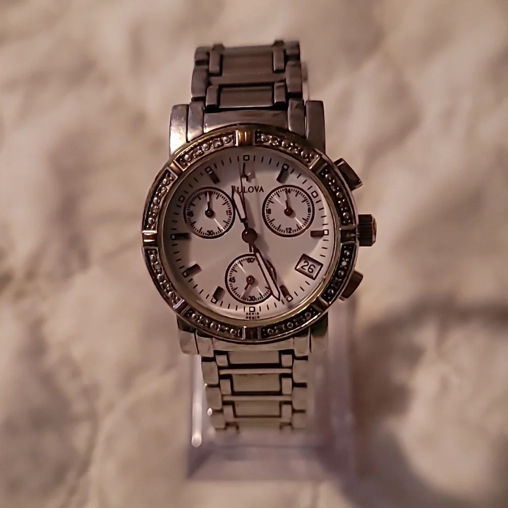 Women's Bulova‎ Chronograph Watch Diamond Bezel Stainless Steel Watch C637381